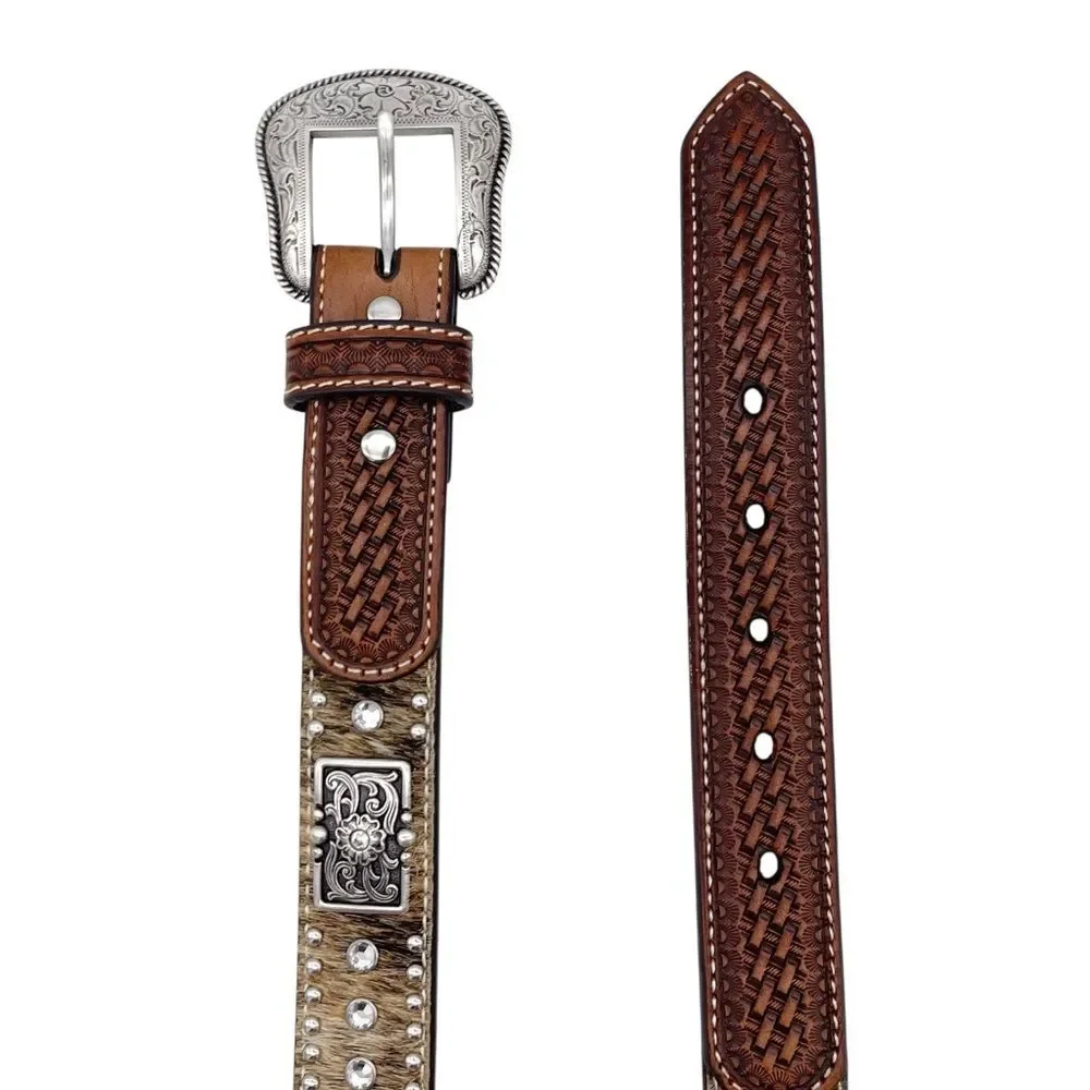 Nocona Brown Tooled Leather Belt Hair-On Cowhide Rhinestone Boho Western Size 28